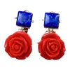 【SUGEBEINI】 Retro contrasting rose ear clips, blue gemstone square diamond-encrusted earrings, French court style exaggerated artistic earrings ZEH00003 Item Picture